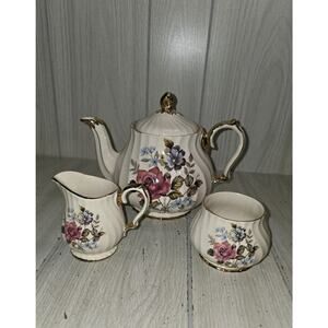 Vtg Sadler England Swirl Teapot Blue Pink Roses Floral Gold Trim Set Of 3